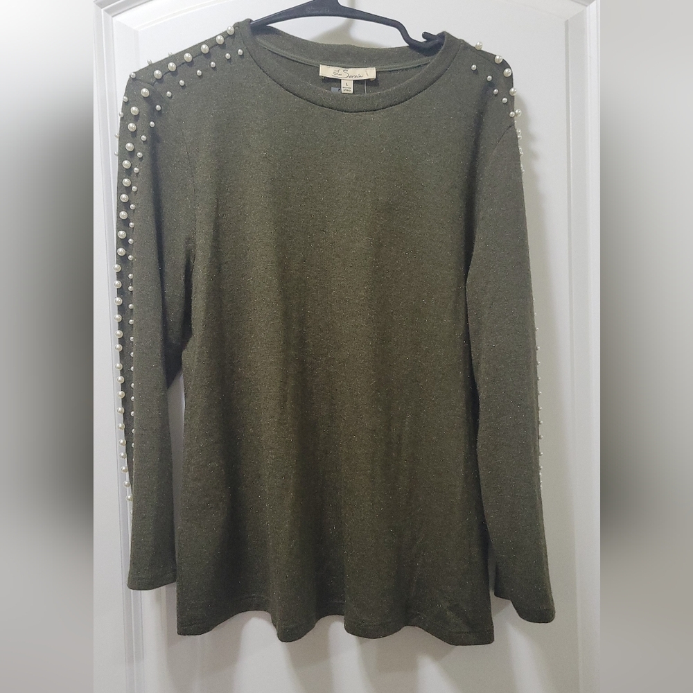 Crown & Ivy Olive Green Pearl-Studded Sweater